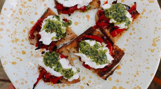 Balsamic pepper, burrata Bruschetta with pistachio pesto